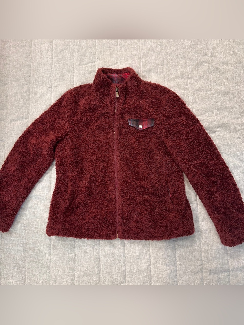Pendleton Women's Red Sherpa Fleece Full Zip Jacket Plaid Pocket Size L